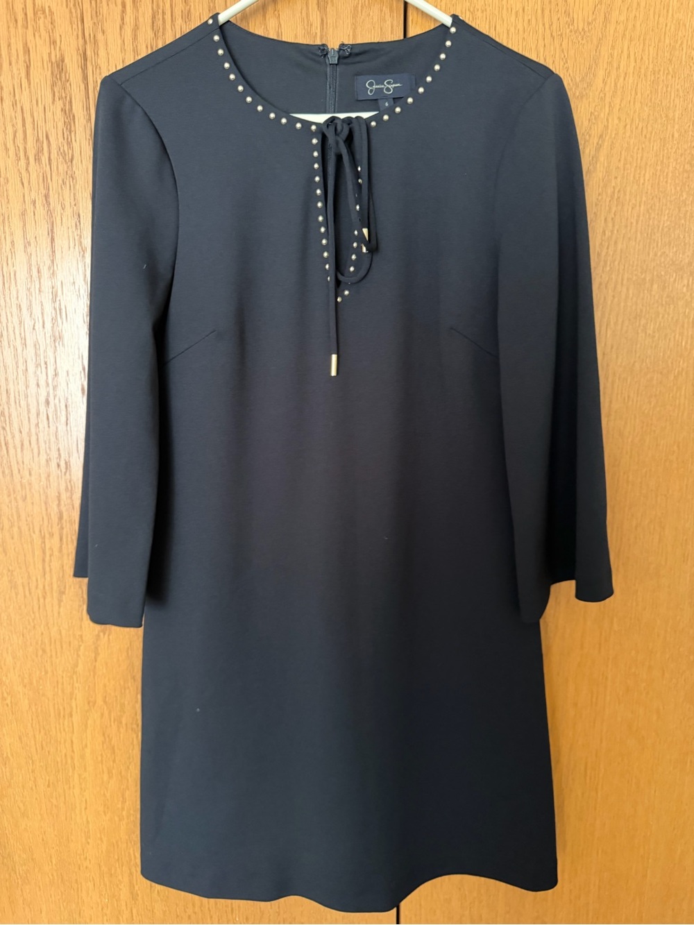 Jessica Simpson Black Long-Sleeve Shift Dress with Studded Neck Tie